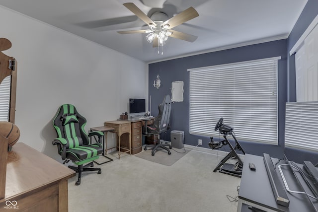 860 Old Eagle Way, Greenwood, IN 46143 - carpeted home office with a ceiling fan and crown molding