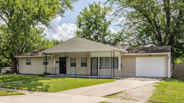 4880 N Katherine Dr, Indianapolis, IN 46226 - ranch-style house with covered porch, a garage, a front lawn, and concrete driveway