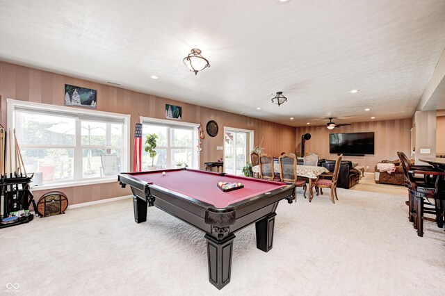 4297 W Division Rd, Crawfordsville, IN 47933 - rec room featuring carpet floors, a ceiling fan, billiards table, and recessed lighting