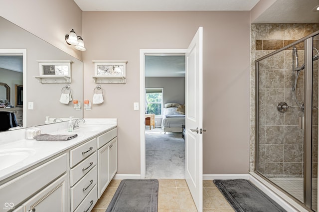4297 W Division Rd, Crawfordsville, IN 47933 - full bathroom featuring connected bathroom, double vanity, a stall shower, and tile patterned flooring