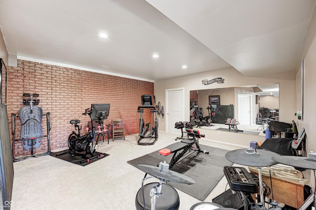 4297 W Division Rd, Crawfordsville, IN 47933 - workout area with carpet flooring, brick wall, and recessed lighting