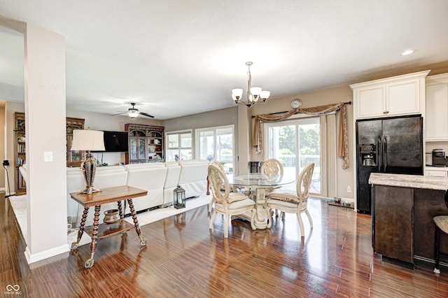 4297 W Division Rd, Crawfordsville, IN 47933 - dining space with dark wood-type flooring, a chandelier, ceiling fan, and recessed lighting