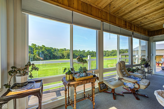 4297 W Division Rd, Crawfordsville, IN 47933 - sunroom with view of wooded area, carpet floors, and wooden ceiling