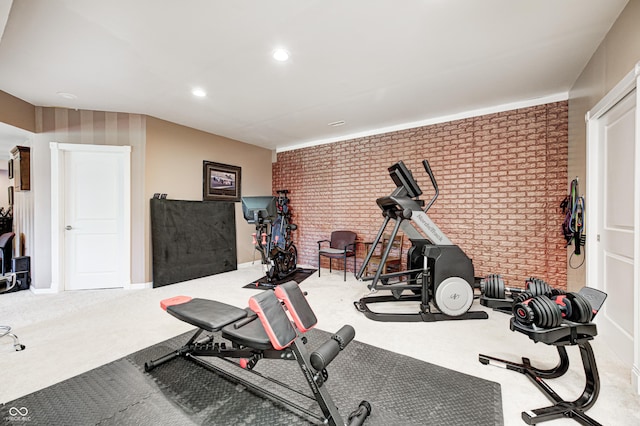 4297 W Division Rd, Crawfordsville, IN 47933 - exercise area featuring brick wall, recessed lighting, and carpet flooring