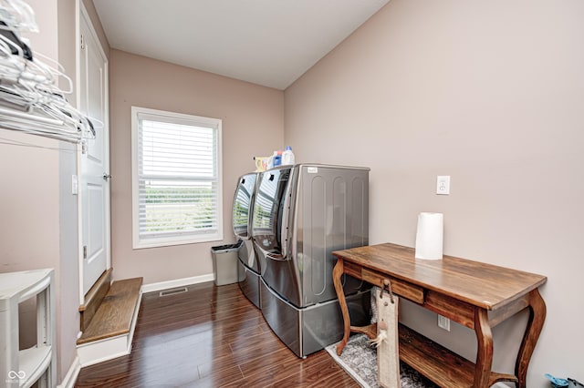 4297 W Division Rd, Crawfordsville, IN 47933 - laundry room featuring washer and dryer, dark wood finished floors, and an office area