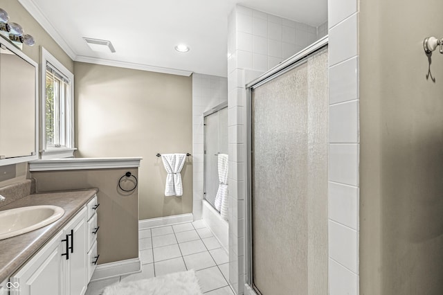 4920 Central Ave, Indianapolis, IN 46205 - bathroom featuring vanity, tile patterned floors, recessed lighting, shower / bath combination with glass door, and crown molding