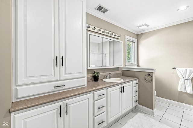4920 Central Ave, Indianapolis, IN 46205 - full bathroom with ornamental molding, vanity, tile patterned floors, and a shower with shower door