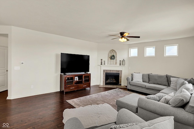 13525 Forest Glade Dr, Fishers, IN 46037 - living room with a ceiling fan, dark wood-style floors, and a tile fireplace