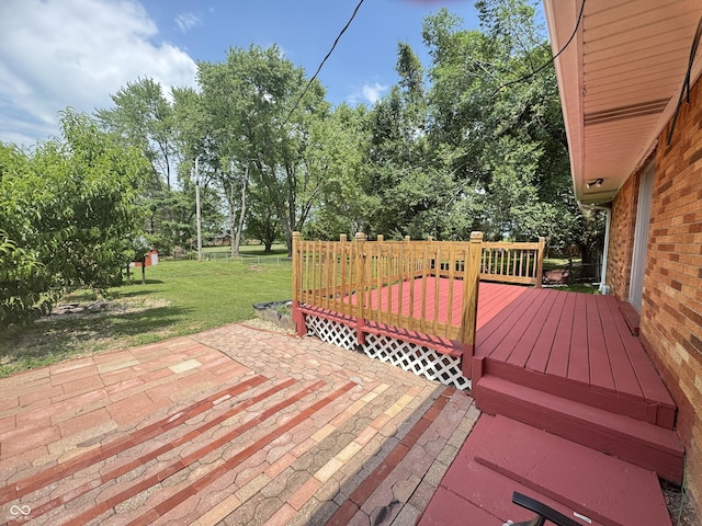 8394 E Mulberry St, Columbus, IN 47203 - wooden terrace featuring a lawn, a patio, and view of scattered trees