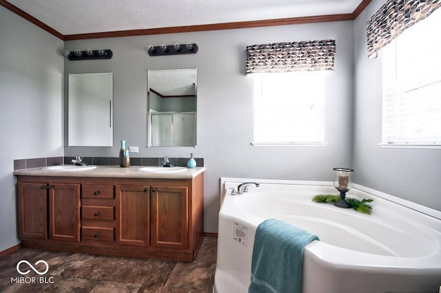 160 Lazy River Pl, Cloverdale, IN 46120 - full bathroom featuring a garden tub, double vanity, ornamental molding, a shower stall, and stone finish flooring