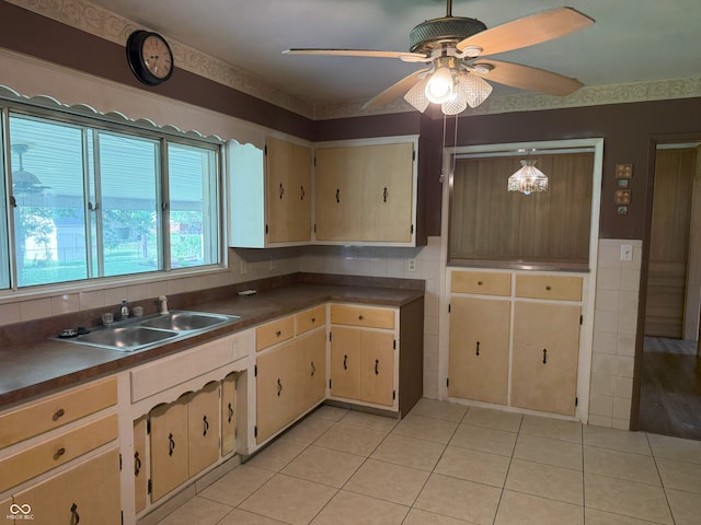 2212 Hanover Dr, Indianapolis, IN 46227 - kitchen featuring ceiling fan, dark countertops, and light tile patterned floors