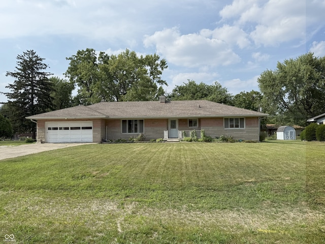 2212 Hanover Dr, Indianapolis, IN 46227 - ranch-style house with a storage shed, a garage, driveway, a front yard, and a chimney