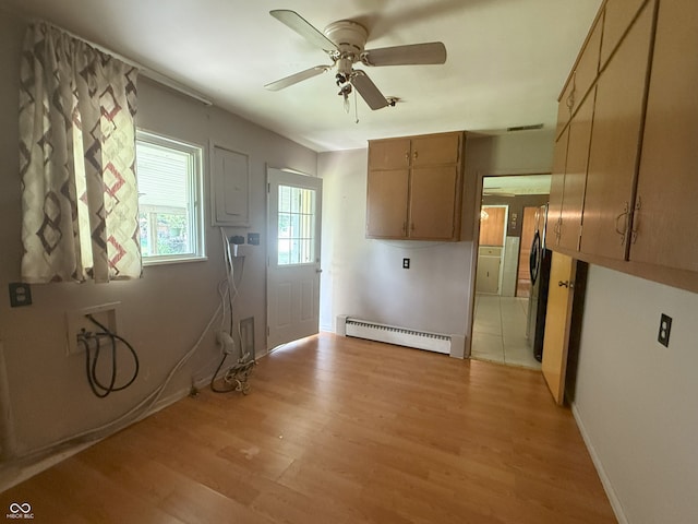 2212 Hanover Dr, Indianapolis, IN 46227 - doorway to outside with a baseboard heating unit, ceiling fan, and light wood-style flooring