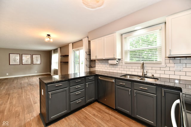 3675 Homestead Cir E, Plainfield, IN 46168 - kitchen with stainless steel dishwasher, a peninsula, white cabinetry, and tasteful backsplash
