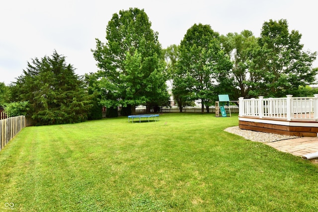 3675 Homestead Cir E, Plainfield, IN 46168 - fenced backyard with a trampoline, a playground, and a deck
