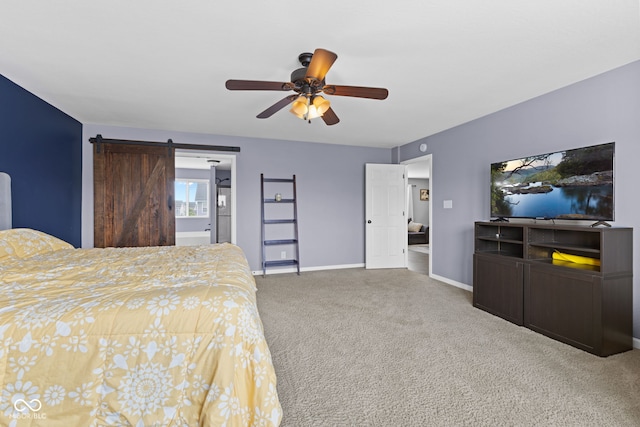 1425 Turkington Ct, Greenwood, IN 46143 - bedroom with carpet, a barn door, and a ceiling fan