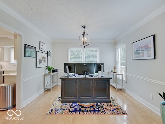 11668 Victoria Ct, Carmel, IN 46033 - home office with light wood-style floors, a chandelier, and crown molding