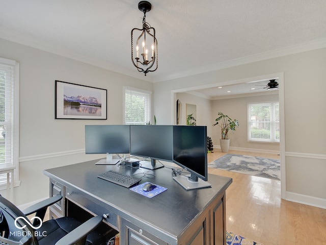11668 Victoria Ct, Carmel, IN 46033 - office featuring light wood-style flooring, crown molding, and a chandelier