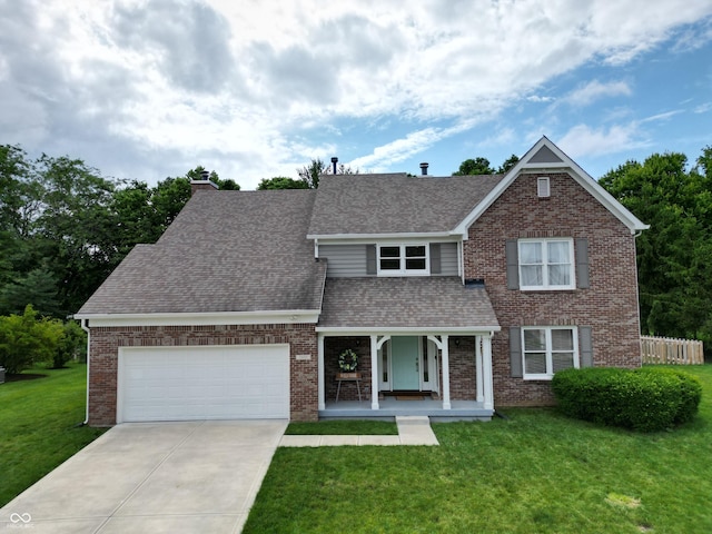 11668 Victoria Ct, Carmel, IN 46033 - traditional-style home with covered porch, roof with shingles, driveway, an attached garage, and a chimney