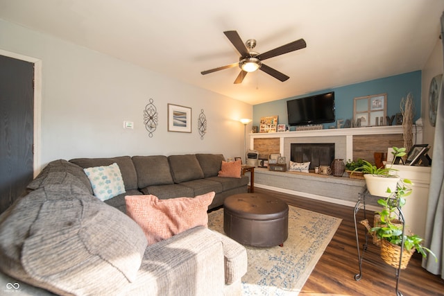 5514 Meckes Ln, Indianapolis, IN 46237 - living room featuring wood finished floors, ceiling fan, and a fireplace