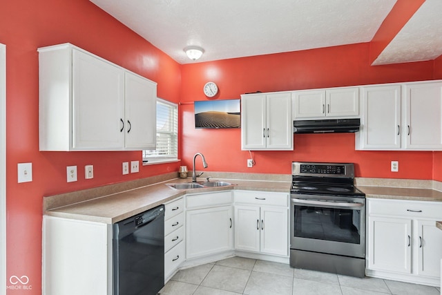 2302 Ashton Ln, Greenwood, IN 46143 - kitchen featuring electric range, under cabinet range hood, dishwasher, white cabinets, and light tile patterned flooring