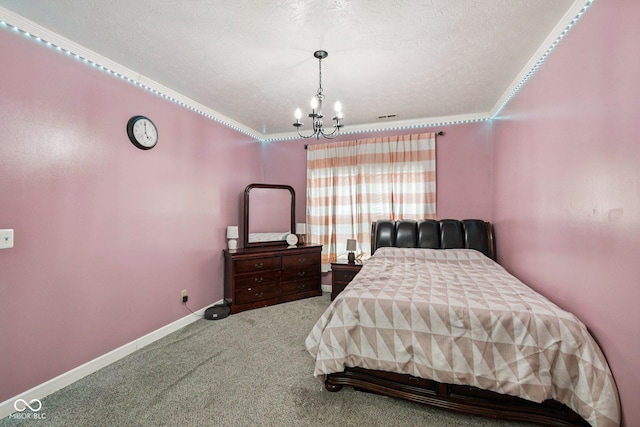 2302 Ashton Ln, Greenwood, IN 46143 - bedroom featuring carpet, a chandelier, and a textured ceiling
