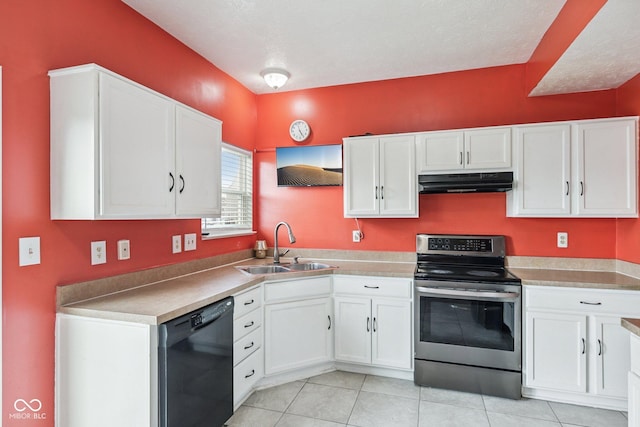 2302 Ashton Ln, Greenwood, IN 46143 - kitchen featuring stainless steel electric range, dishwasher, under cabinet range hood, and white cabinets