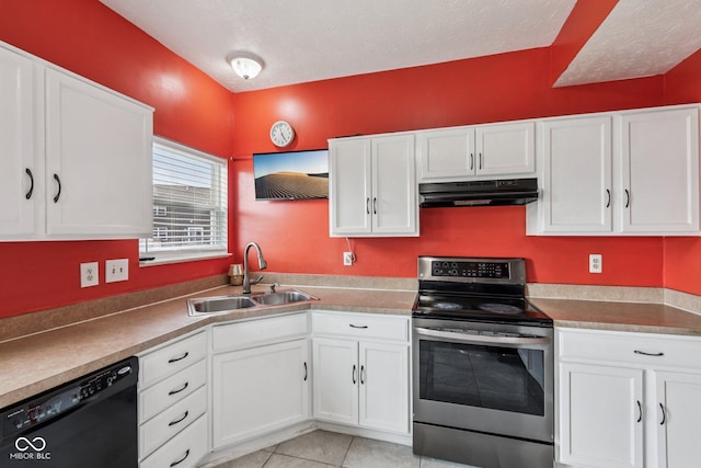 2302 Ashton Ln, Greenwood, IN 46143 - kitchen with stainless steel range with electric cooktop, black dishwasher, under cabinet range hood, white cabinets, and light tile patterned floors