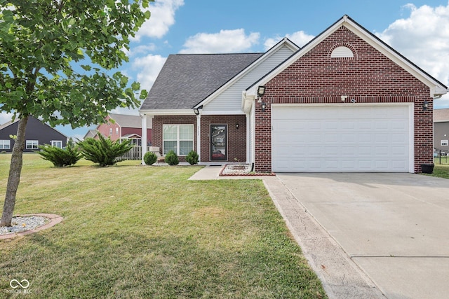 2302 Ashton Ln, Greenwood, IN 46143 - view of front facade with brick siding, an attached garage, driveway, a front yard, and a shingled roof