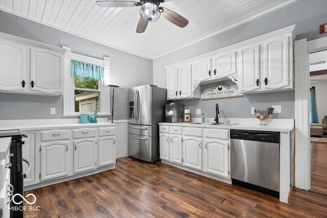 3160 S 50 E, Lebanon, IN 46052 - kitchen featuring stainless steel appliances, a ceiling fan, white cabinetry, light countertops, and dark wood-style floors