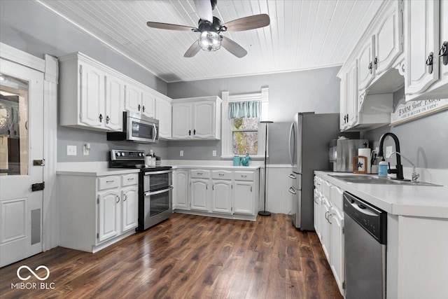 3160 S 50 E, Lebanon, IN 46052 - kitchen with stainless steel appliances, light countertops, a ceiling fan, white cabinets, and wooden ceiling