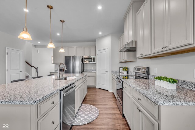 19174 Foley Dr, Westfield, IN 46074 - kitchen with stainless steel appliances, under cabinet range hood, wood finished floors, recessed lighting, and a kitchen island with sink