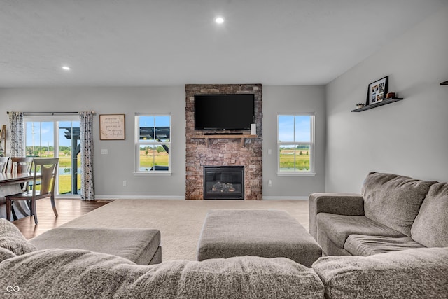 19174 Foley Dr, Westfield, IN 46074 - living room with recessed lighting and a stone fireplace