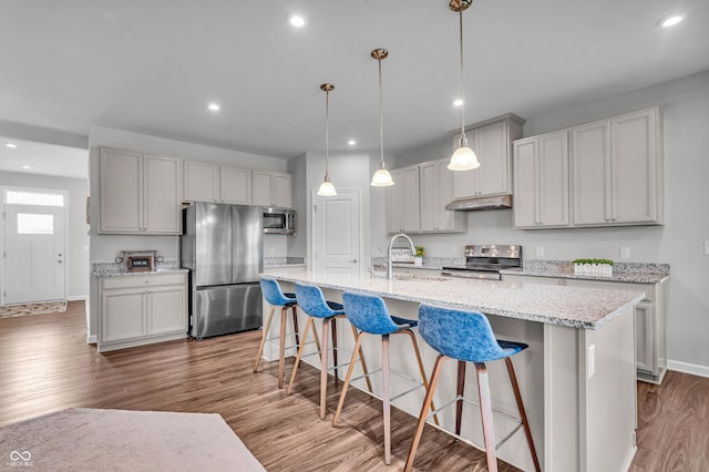 19174 Foley Dr, Westfield, IN 46074 - kitchen featuring stainless steel appliances, under cabinet range hood, wood finished floors, recessed lighting, and a kitchen breakfast bar