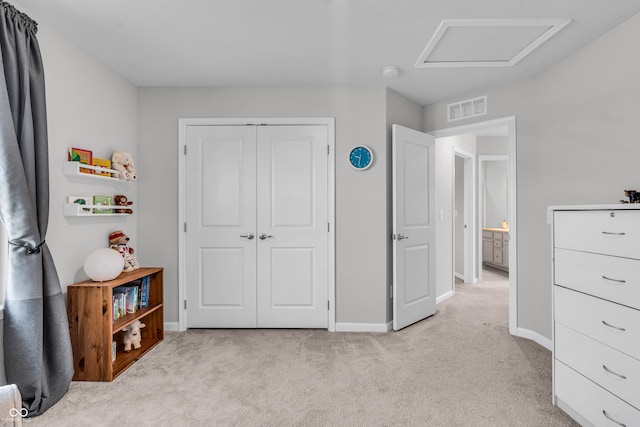 19174 Foley Dr, Westfield, IN 46074 - bedroom with light carpet, attic access, and a closet