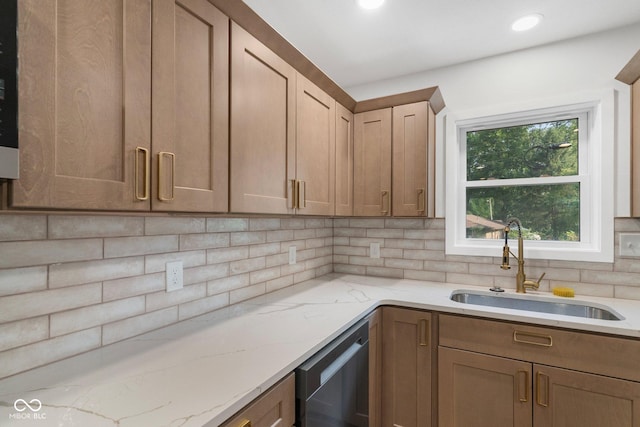 6530 W US Highway 50, North Vernon, IN 47265 - kitchen featuring decorative backsplash, light stone countertops, stainless steel dishwasher, and recessed lighting