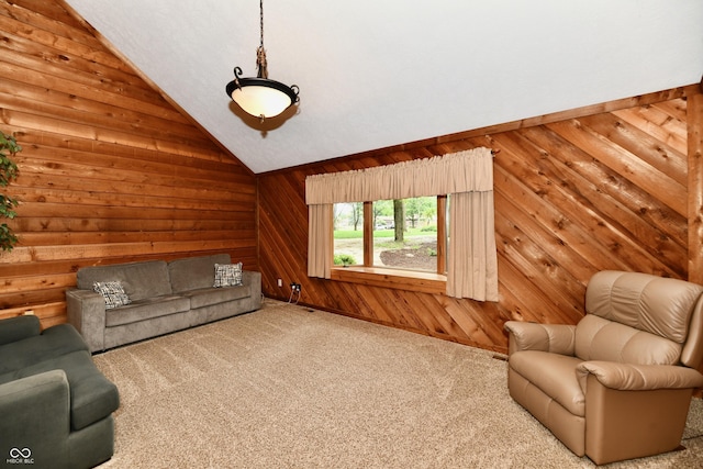 5202 Hill Valley Dr, Pittsboro, IN 46167 - living area with vaulted ceiling, wooden walls, and carpet