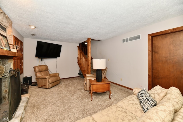5202 Hill Valley Dr, Pittsboro, IN 46167 - living area with stairs, carpet flooring, a textured ceiling, and a fireplace
