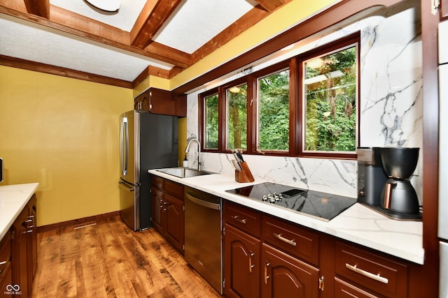 5202 Hill Valley Dr, Pittsboro, IN 46167 - kitchen featuring stainless steel appliances, backsplash, dark wood-style flooring, and beamed ceiling