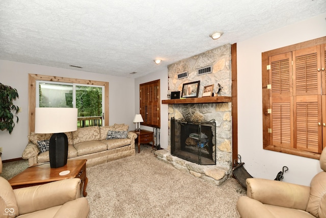 5202 Hill Valley Dr, Pittsboro, IN 46167 - carpeted living area with a textured ceiling and a stone fireplace