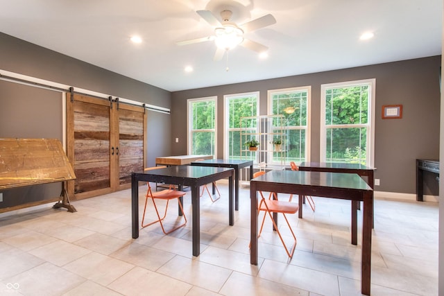 1434 Shootingstar Way, West Lafayette, IN 47906 - dining area with a barn door, a ceiling fan, and recessed lighting