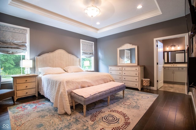 1434 Shootingstar Way, West Lafayette, IN 47906 - bedroom with a tray ceiling, hardwood / wood-style floors, recessed lighting, and ensuite bath