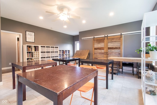 1434 Shootingstar Way, West Lafayette, IN 47906 - playroom featuring ceiling fan, a barn door, recessed lighting, and light tile patterned floors