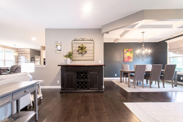 1434 Shootingstar Way, West Lafayette, IN 47906 - dining area featuring a chandelier, dark wood-style floors, coffered ceiling, beamed ceiling, and recessed lighting