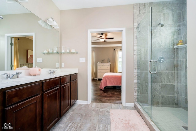 801 Oaklawn Dr, Westfield, IN 46074 - ensuite bathroom with double vanity, a stall shower, and ceiling fan
