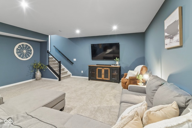 13644 Haven Cove Ln, Fishers, IN 46055 - carpeted living area featuring stairs and recessed lighting