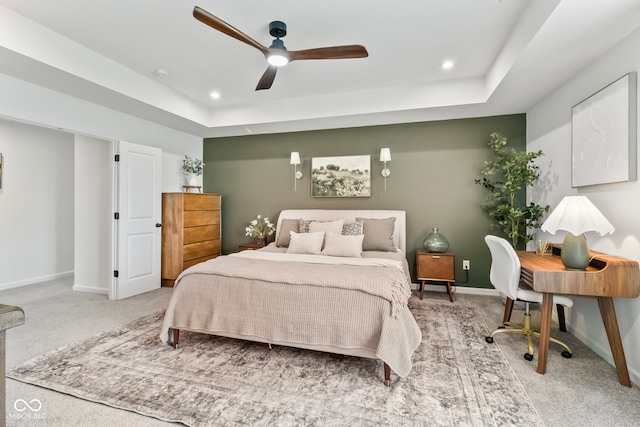 13644 Haven Cove Ln, Fishers, IN 46055 - bedroom with carpet, a raised ceiling, recessed lighting, and ceiling fan