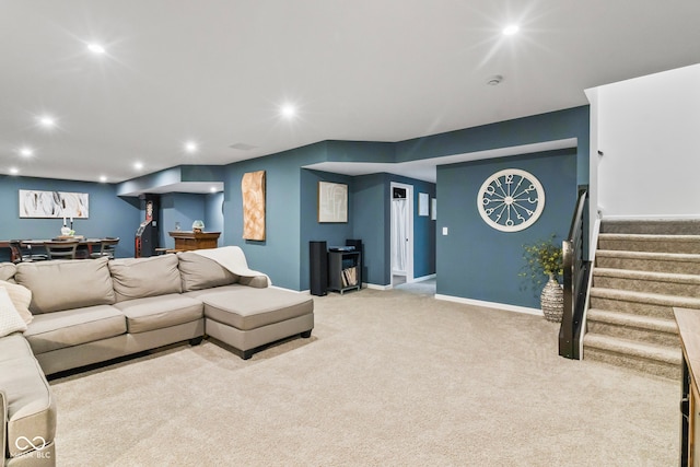 13644 Haven Cove Ln, Fishers, IN 46055 - carpeted living area with stairway and recessed lighting