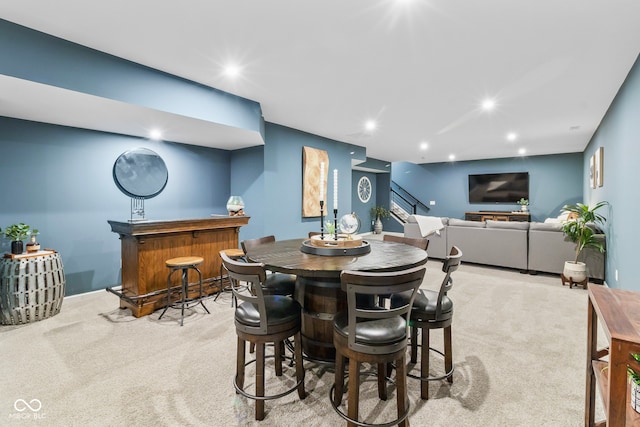 13644 Haven Cove Ln, Fishers, IN 46055 - dining area featuring bar area, carpet, stairs, and recessed lighting