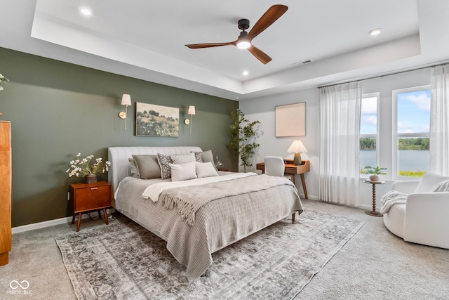 13644 Haven Cove Ln, Fishers, IN 46055 - bedroom featuring a raised ceiling, carpet, recessed lighting, and ceiling fan